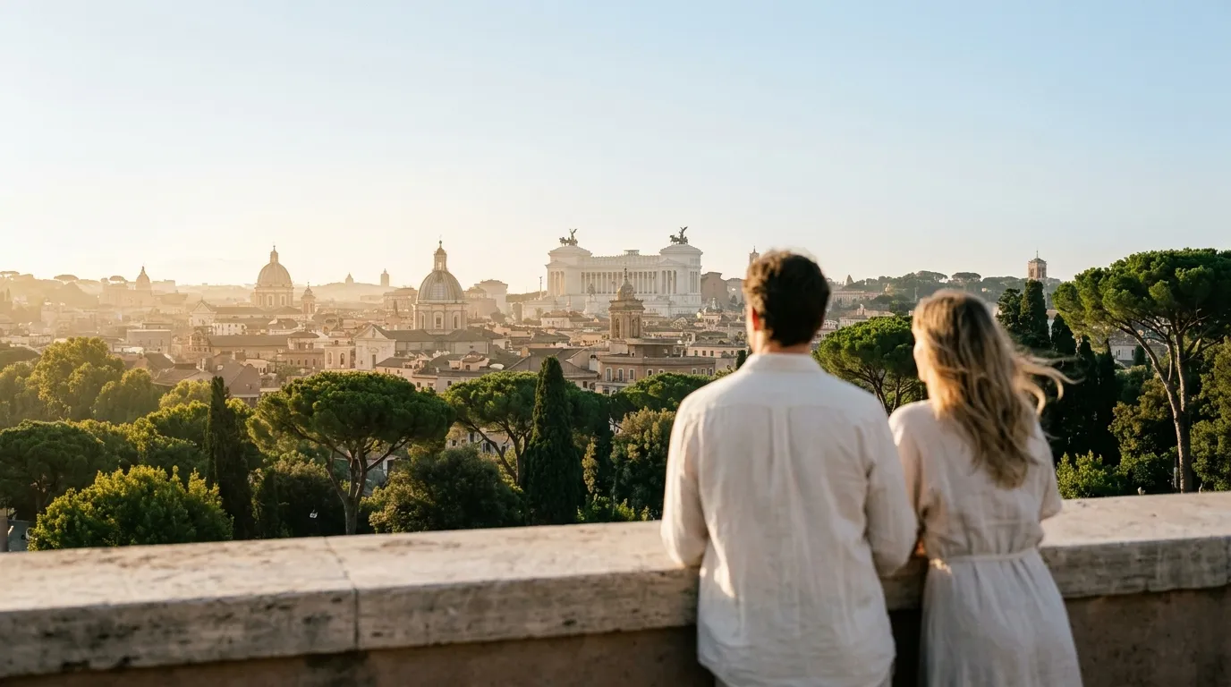 A couple at a balustrade looking out over the rooftops of Rome