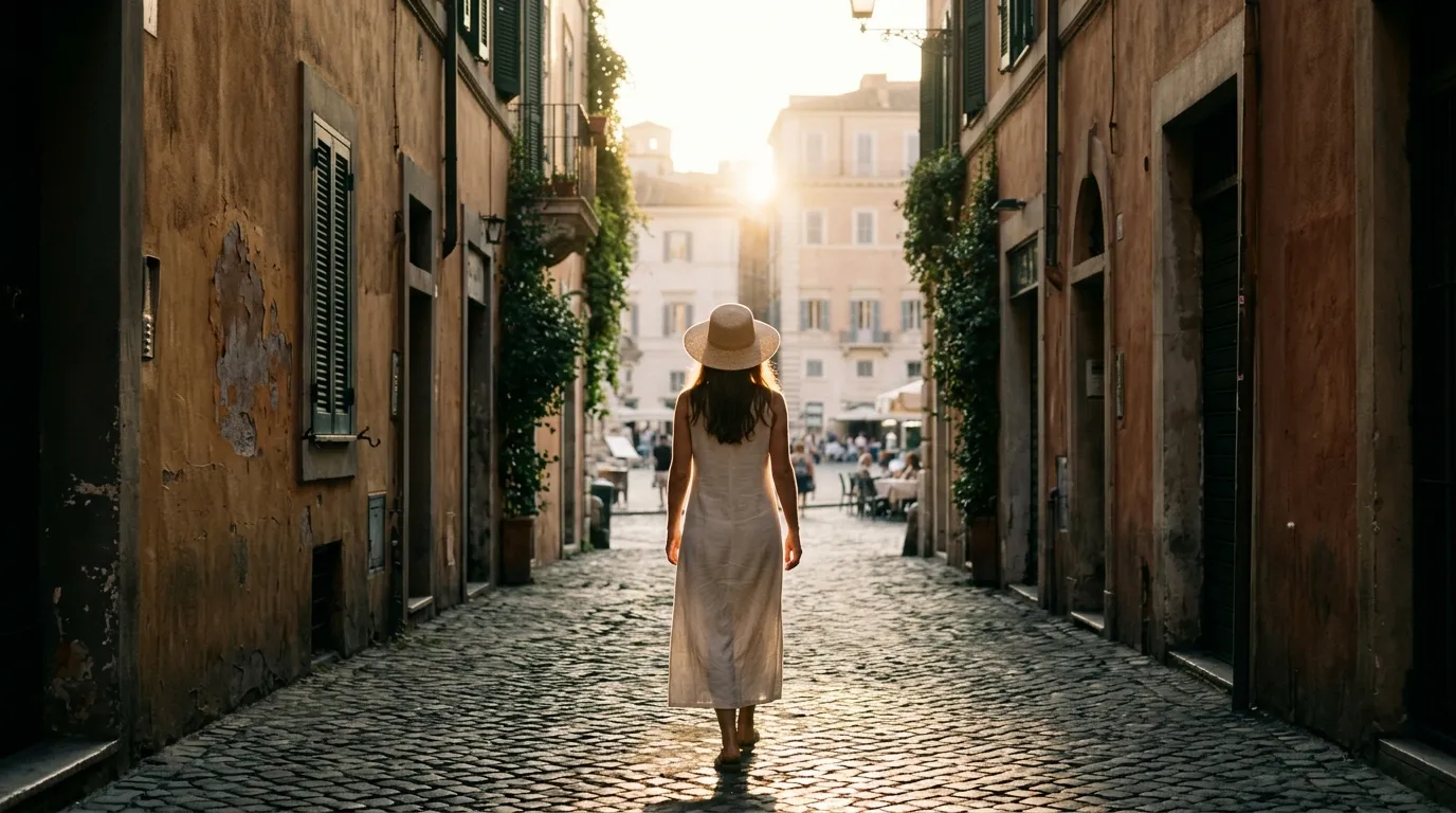 A woman in a linen dress walking out of a shaded alley into a sunlit piazza