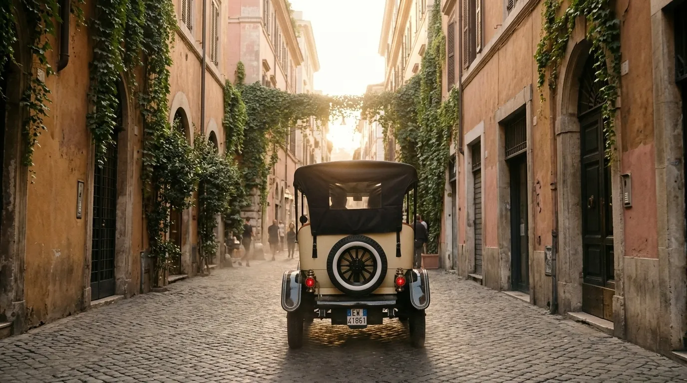The cream Model T driving away down a narrow cobbled street, seen from behind