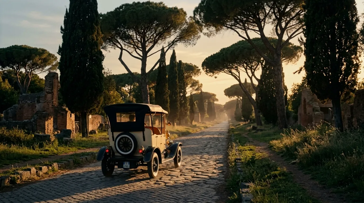 The cream Model T on the Appian Way between umbrella pines