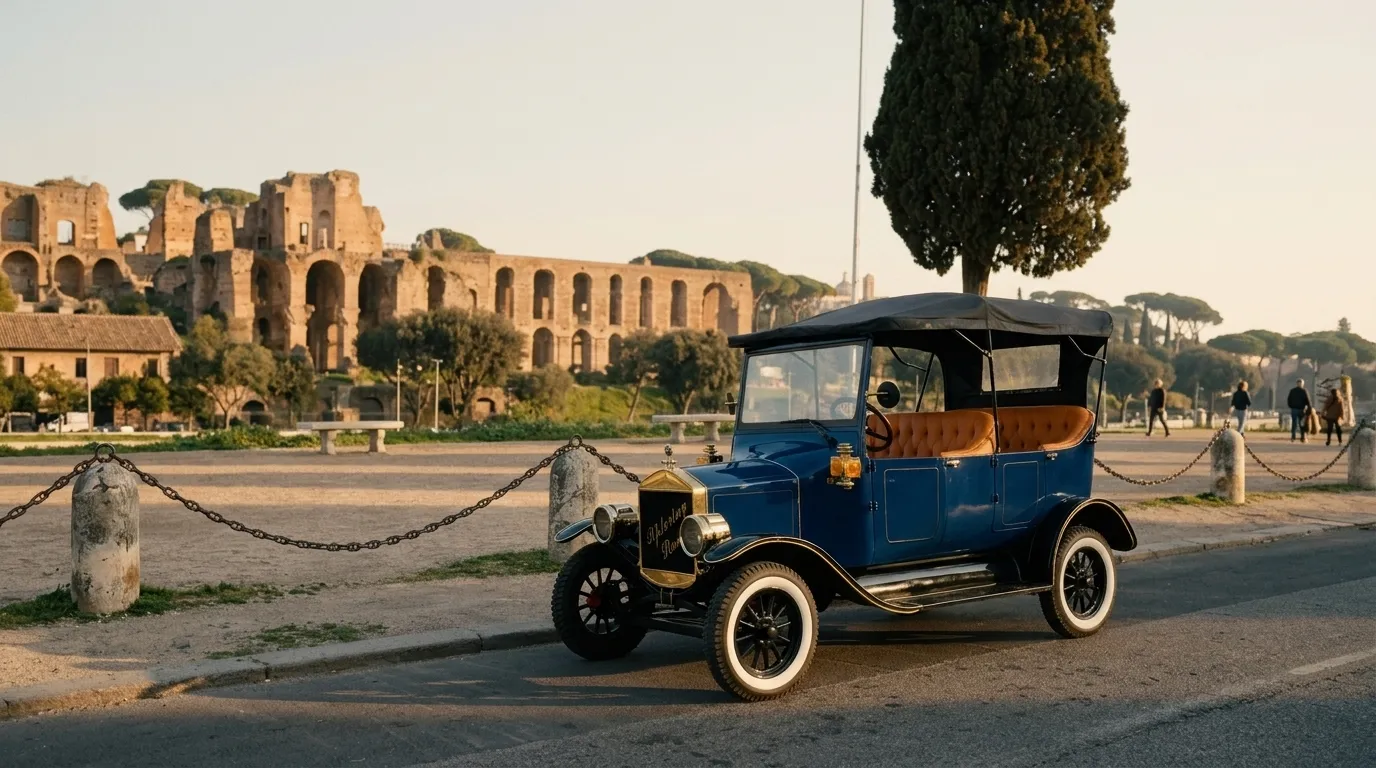 The blue Model T parked by the Circus Maximus, the Palatine behind