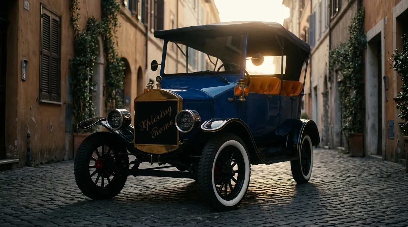 The blue Model T in a narrow street at the end of the day, the brass radiator catching the light