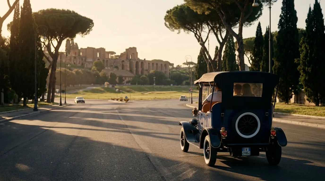 The blue Model T driving along an avenue of umbrella pines at sunset