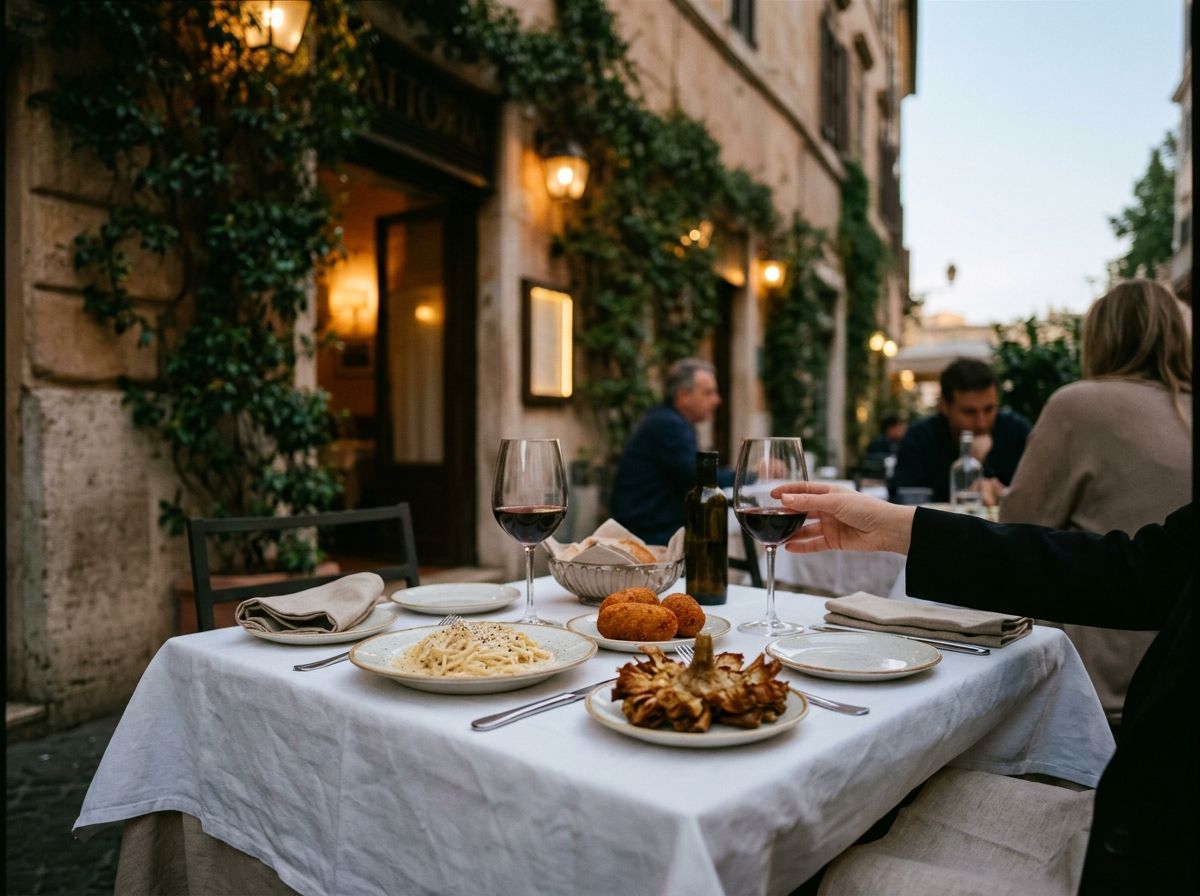Cacio e pepe, supplì, fried artichoke and red wine on a trattoria table at dusk
