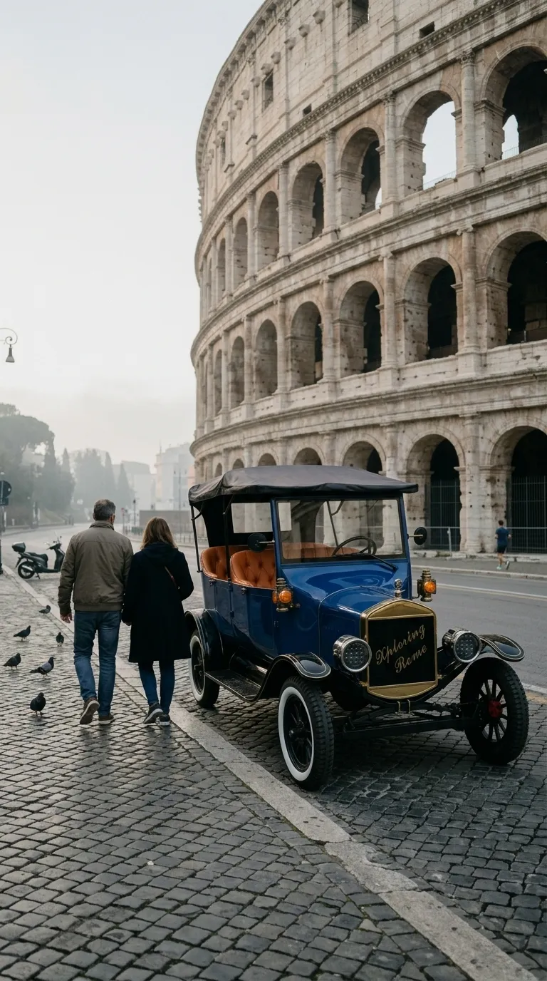 The blue Model T at the Colosseum on a grey morning, a couple walking towards it