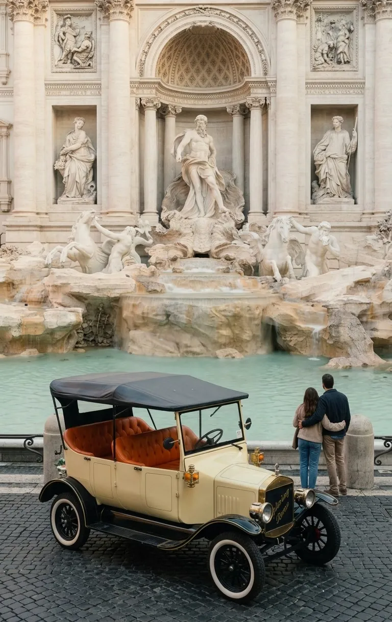 The cream Model T at the Trevi Fountain, first light, no crowd