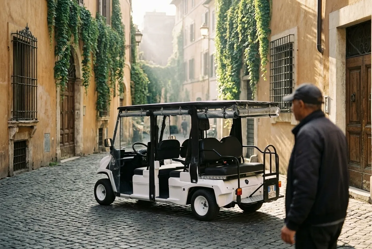 The golf cart waiting in an ivy-covered cobbled street