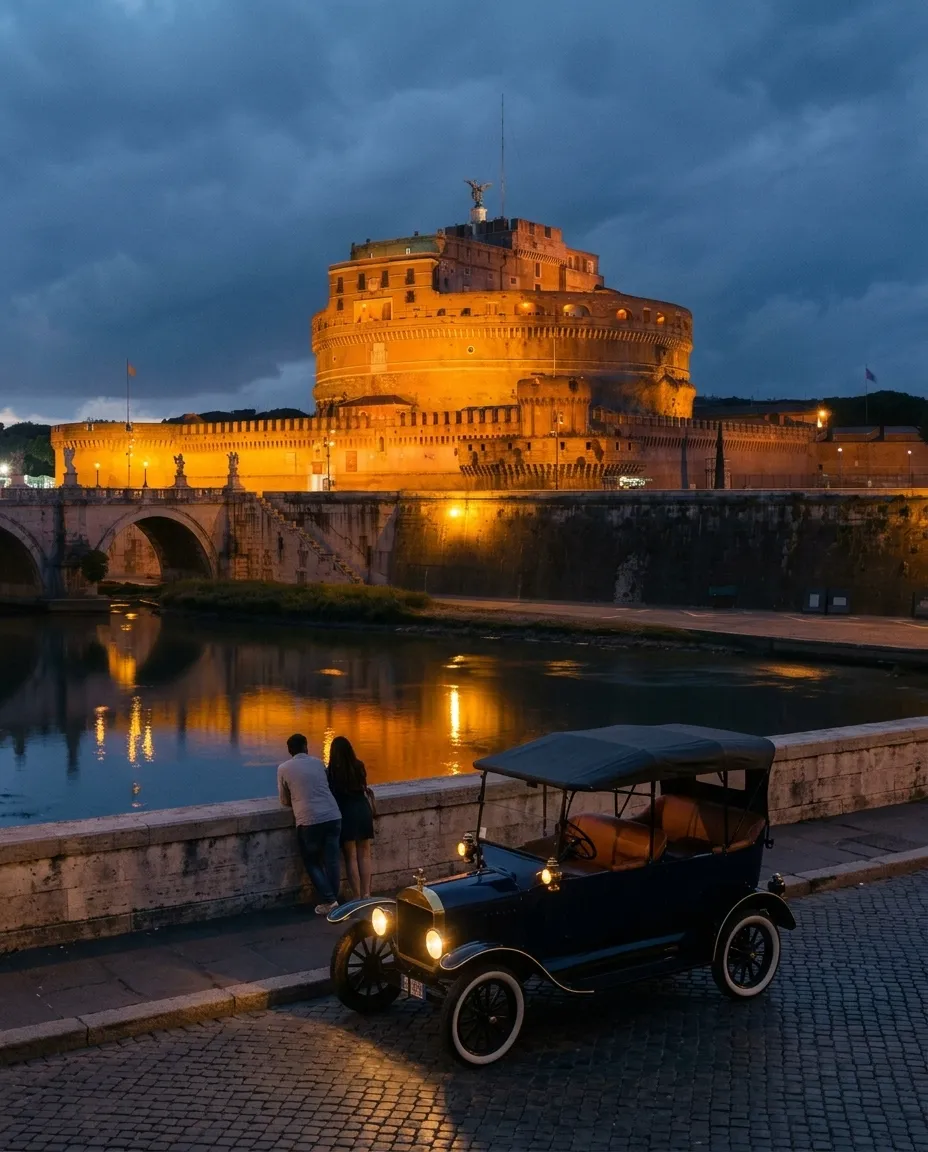 Castel Sant'Angelo at dusk, the blue Model T on the riverside