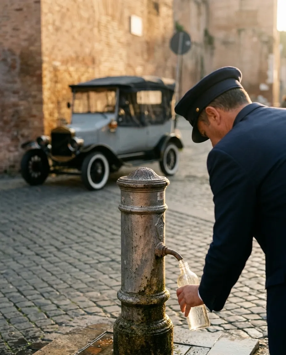 Our driver at a Roman nasone fountain, the grey Model T behind