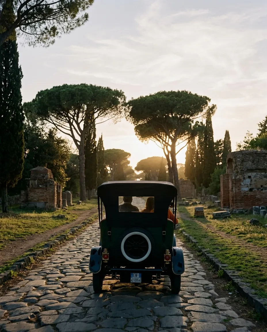 The green Model T on the Appian Way at sunset