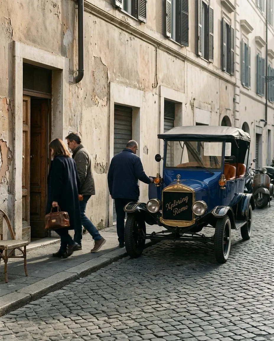The blue Model T waiting at the door of a Roman palazzo, a couple walking towards it
