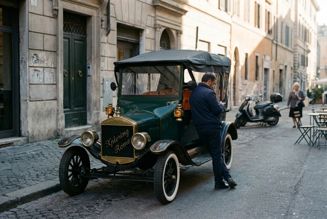 Our driver by the green Model T, checking the pick-up details on his phone