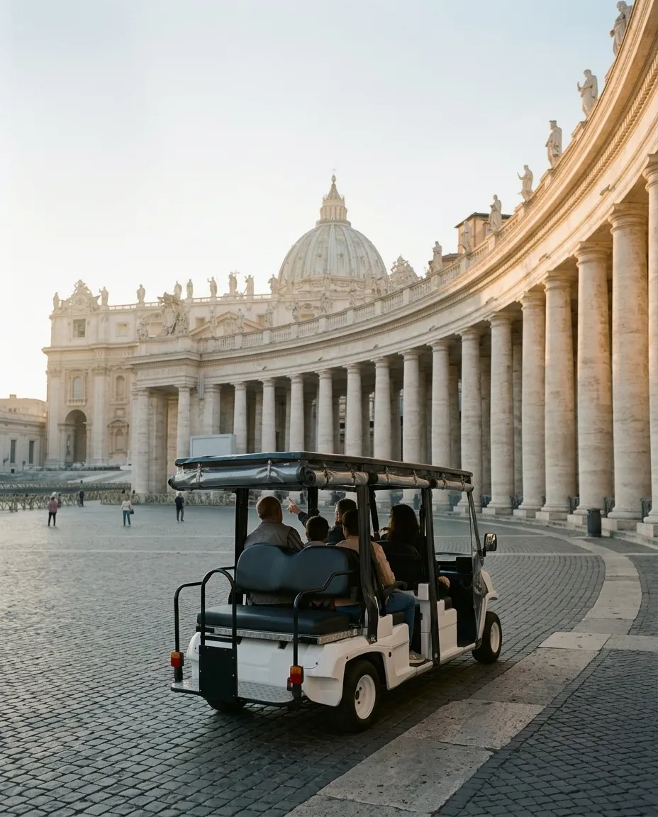 The golf cart driving along the colonnade of St. Peter's Square, a family seen from behind