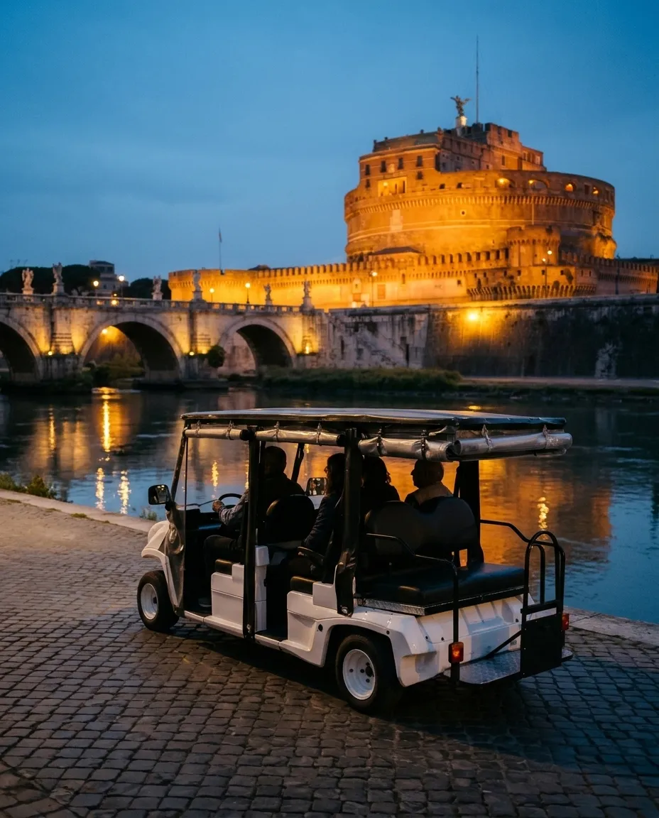 The golf cart on the riverside at blue hour, Castel Sant'Angelo lit up behind