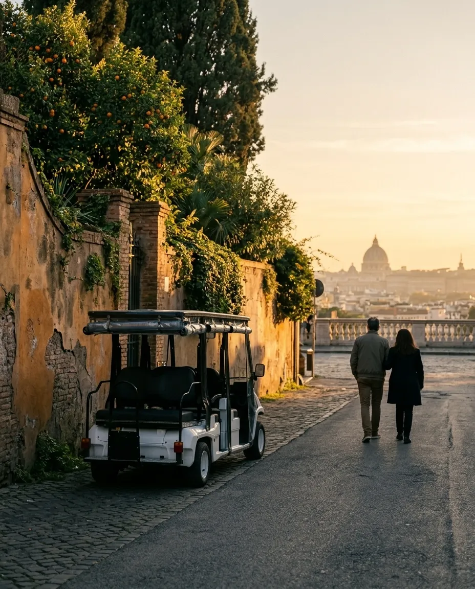 The golf cart on a quiet Aventine street at golden hour, the dome of St. Peter's in the haze