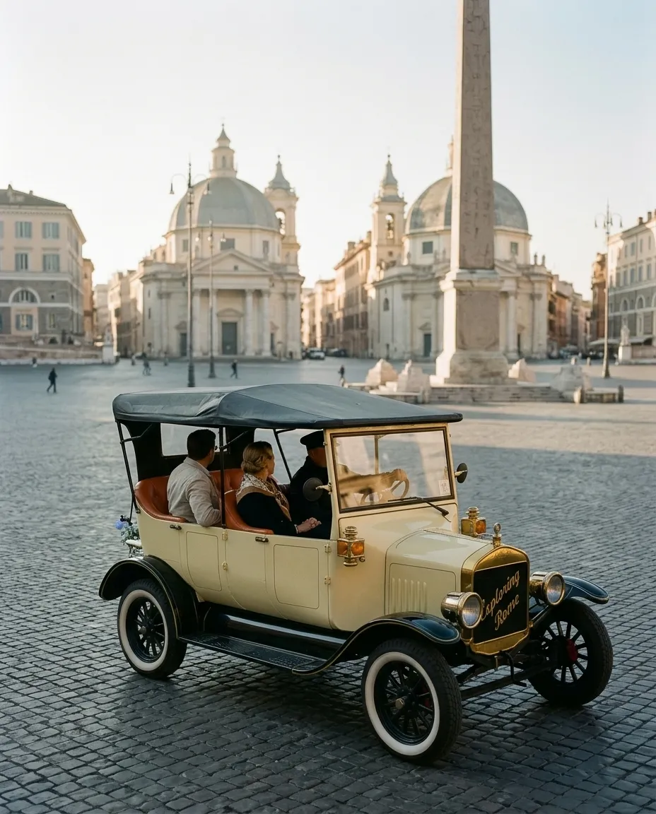 The cream Model T crossing Piazza del Popolo in the early morning