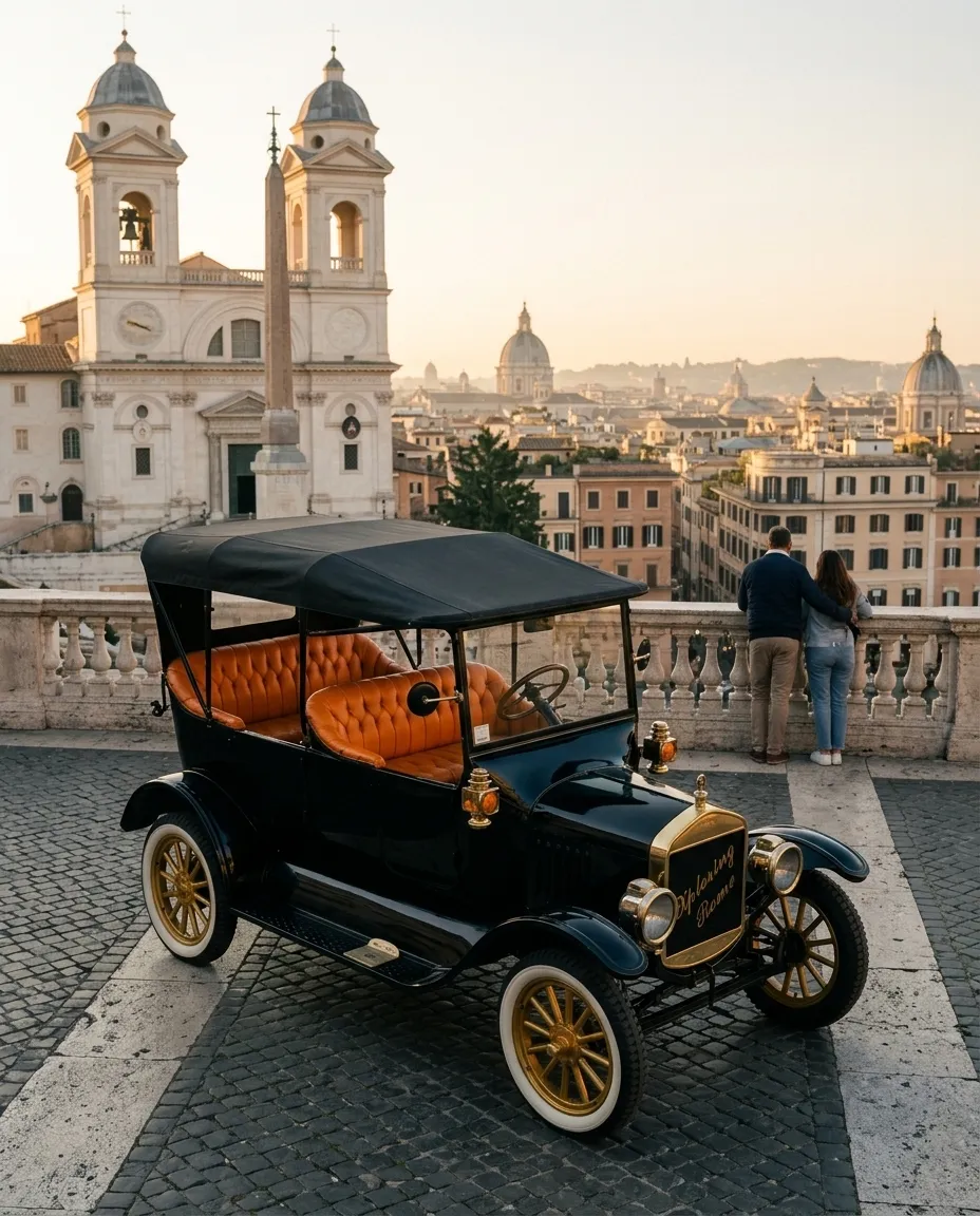 The black Model T parked at the top of the Spanish Steps at sunrise, the rooftops of Rome below