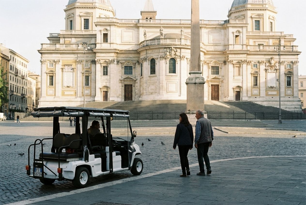 The white golf cart in front of the Basilica of Santa Maria Maggiore in the morning, an older couple walking towards the steps