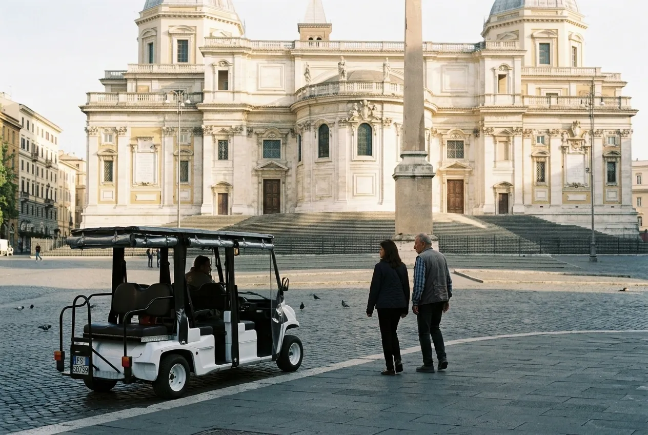 The golf cart in front of Santa Maria Maggiore in the morning, an older couple walking towards the basilica