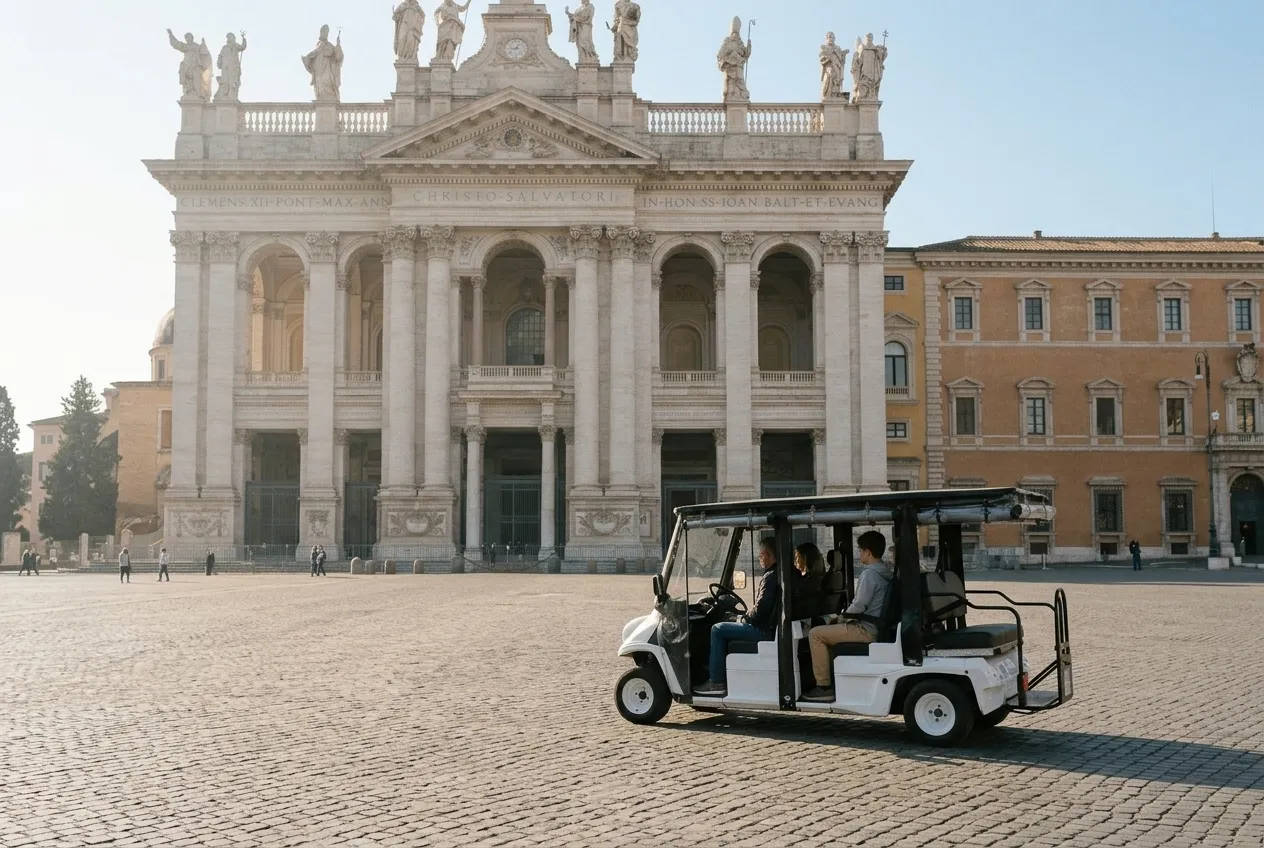 The façade of San Giovanni in Laterano, the golf cart crossing the square