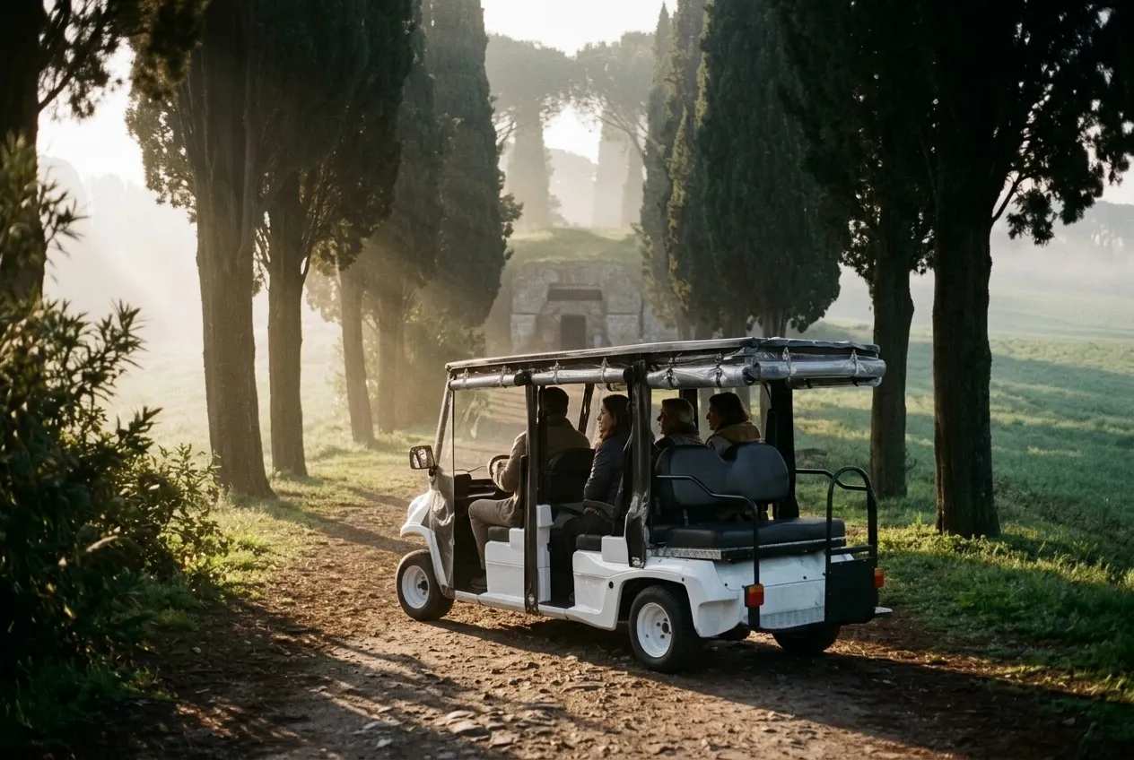The golf cart on the cypress avenue leading to the catacombs