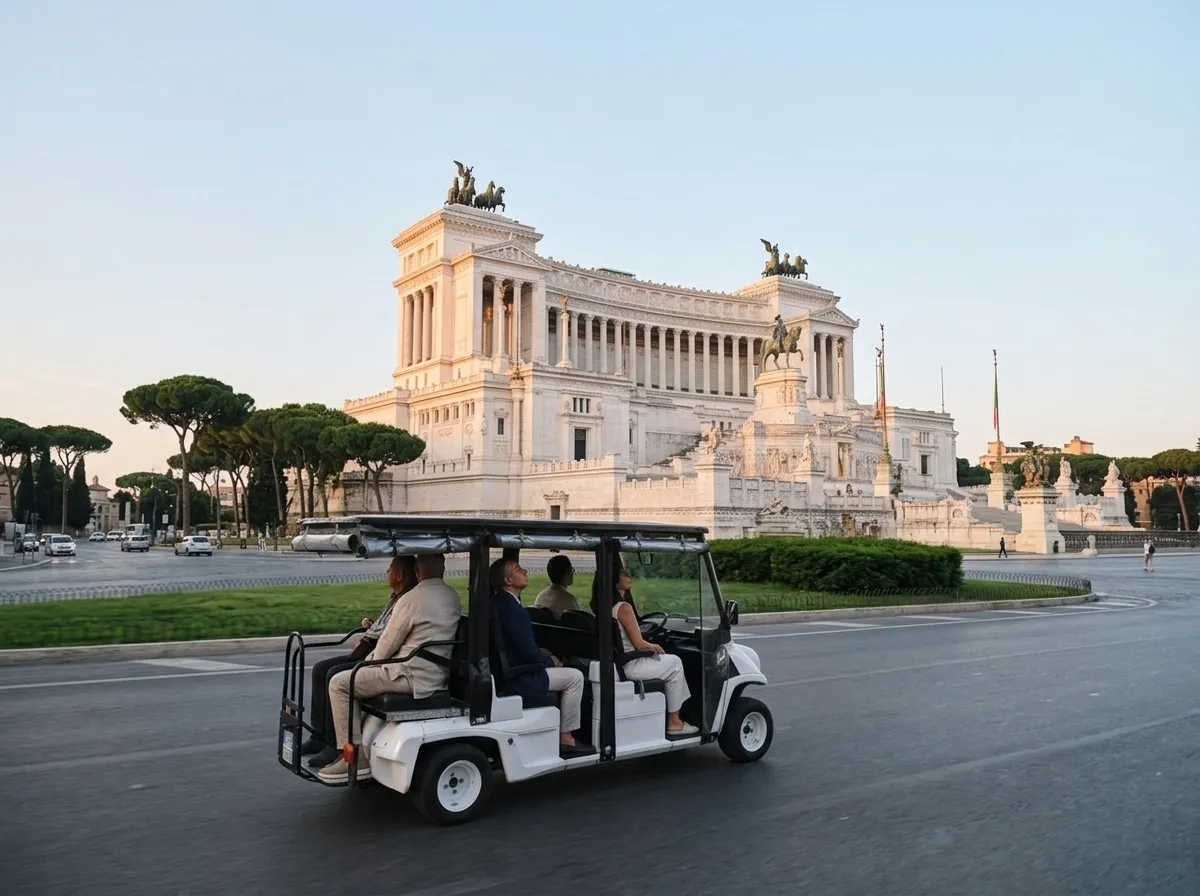 The golf cart driving past the Vittoriano in the early morning
