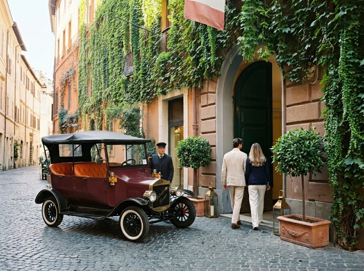 The bordeaux Model T at the door of an ivy-covered building, a couple stepping out