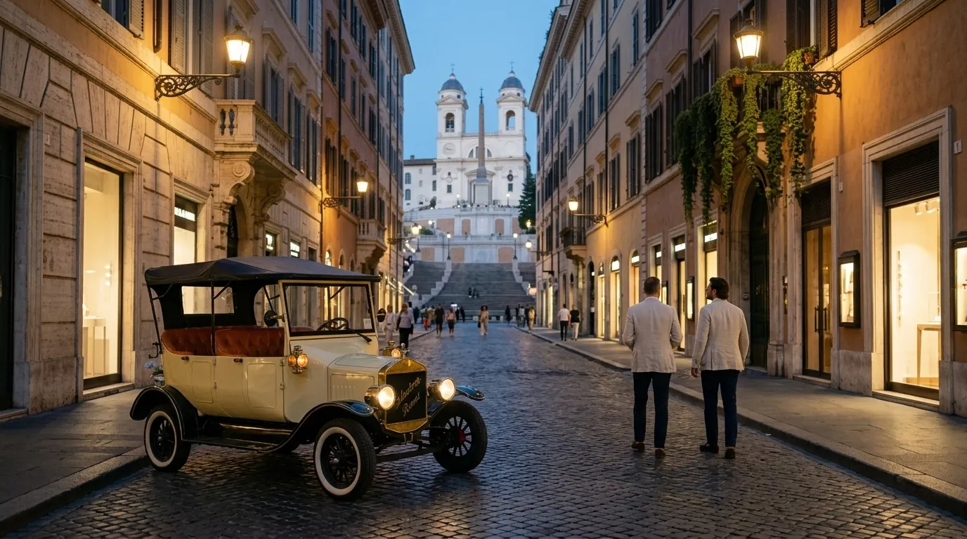 The cream Model T with headlamps on in a street lit up at dusk, the Spanish Steps at the end