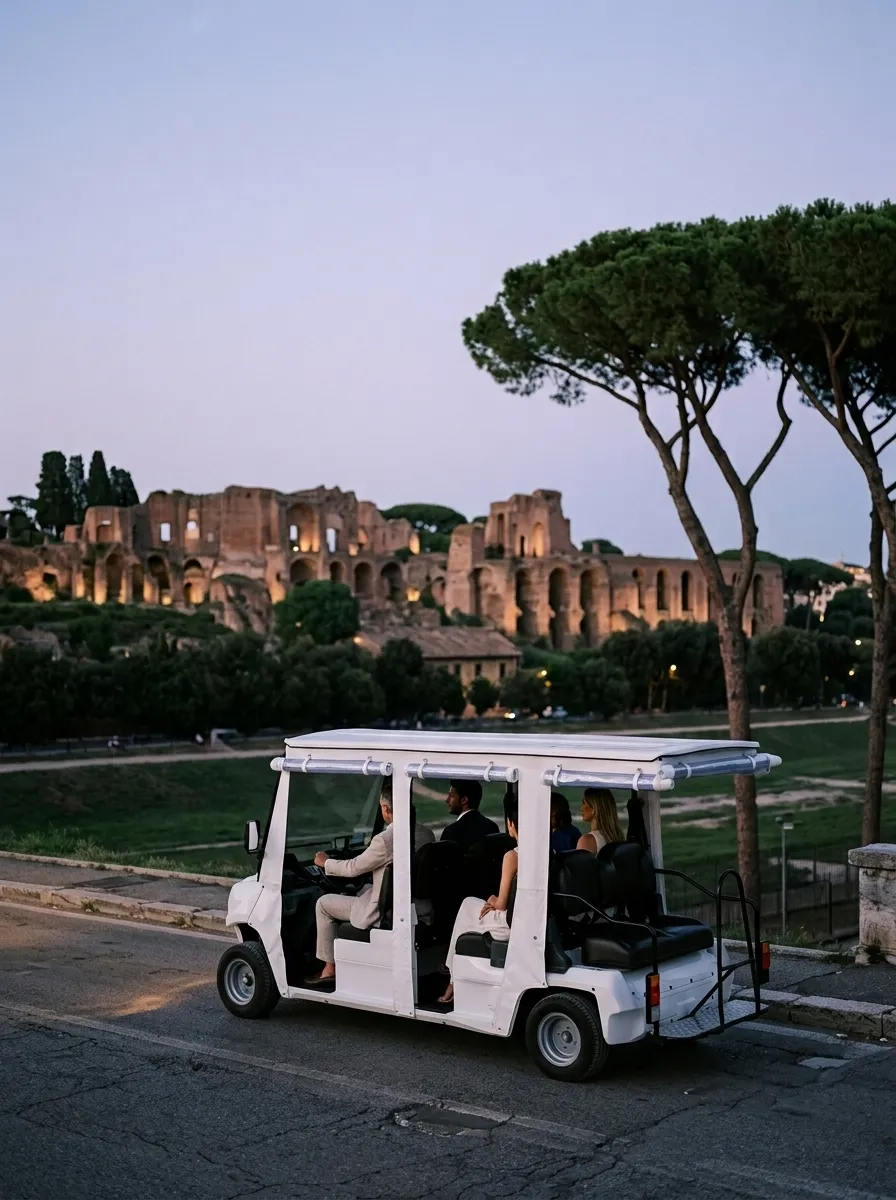 The golf cart at dusk beside the Circus Maximus