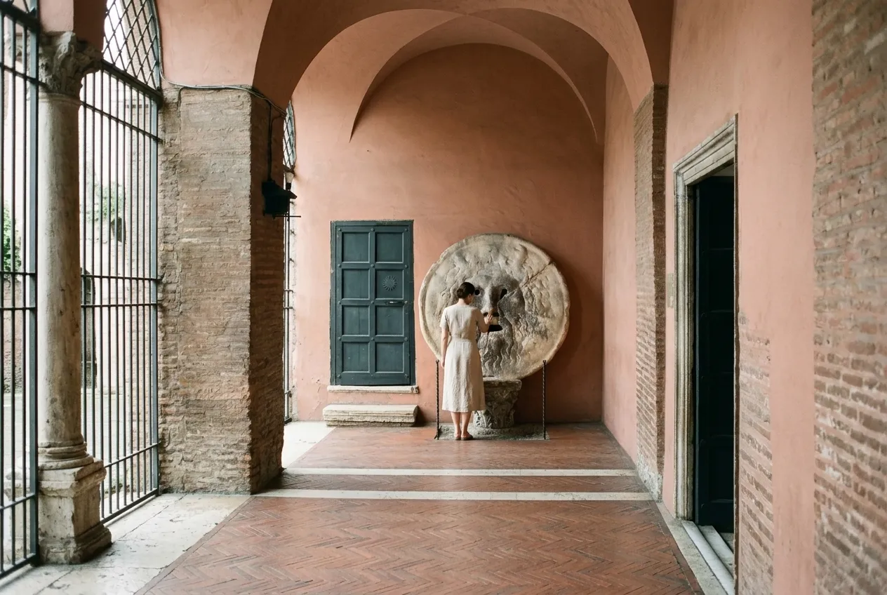 The marble face of the Bocca della Verità in the portico of Santa Maria in Cosmedin, a woman placing her hand in its mouth