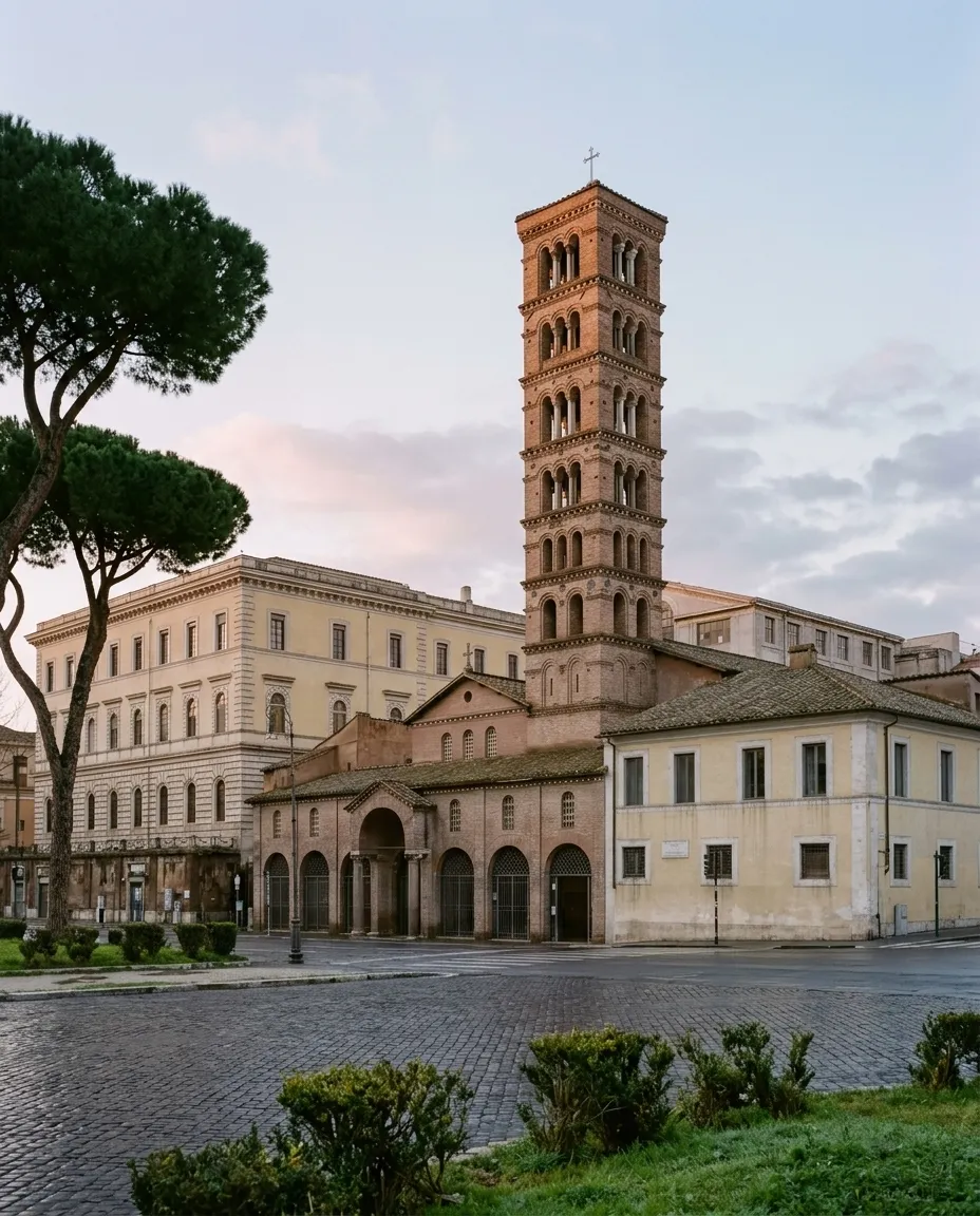 The Romanesque bell tower of Santa Maria in Cosmedin at dawn