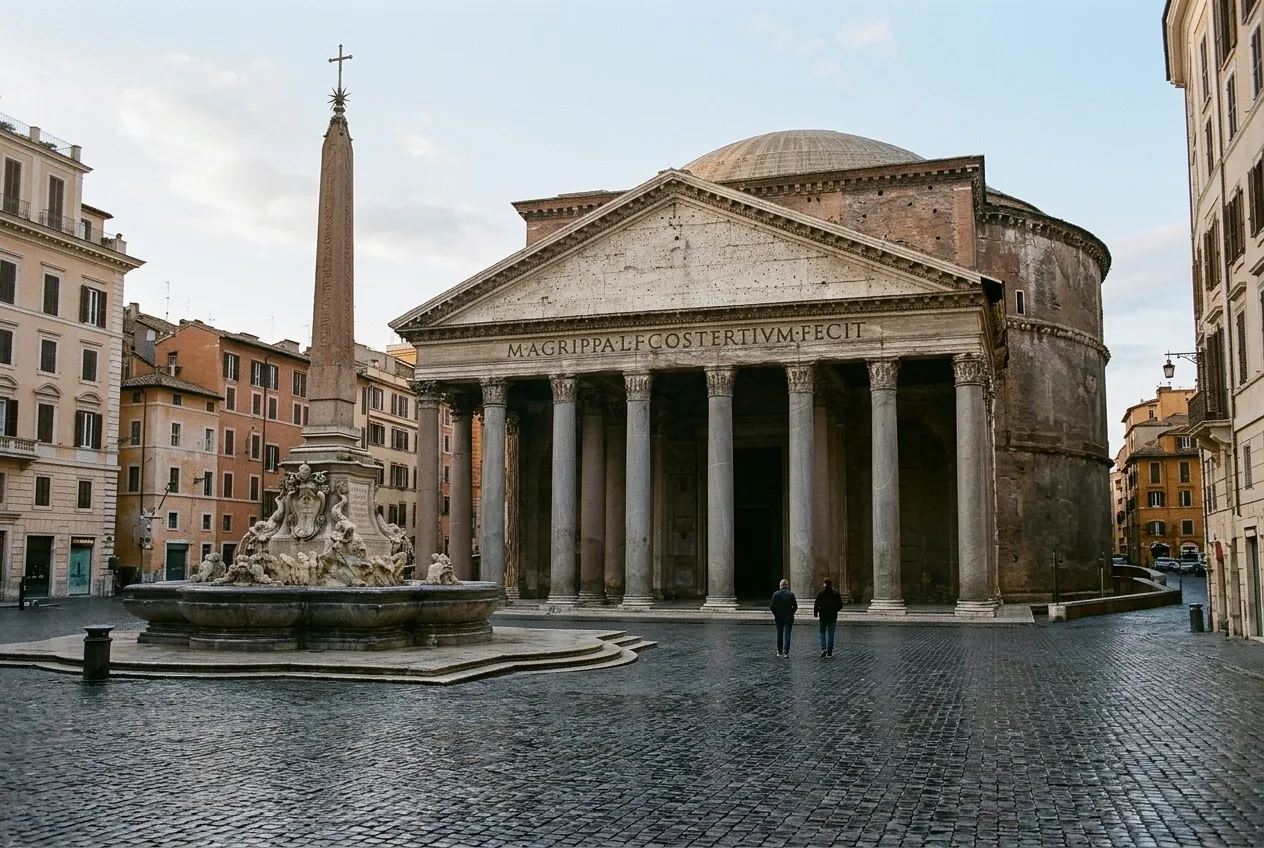 The Pantheon and its portico seen across the empty piazza at dawn