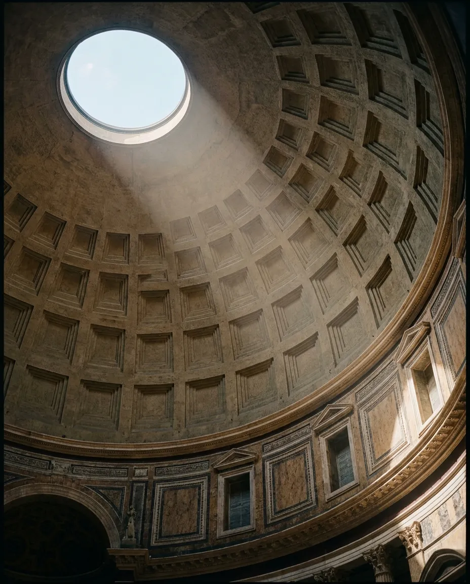 A beam of sunlight falling through the oculus onto the coffered dome of the Pantheon