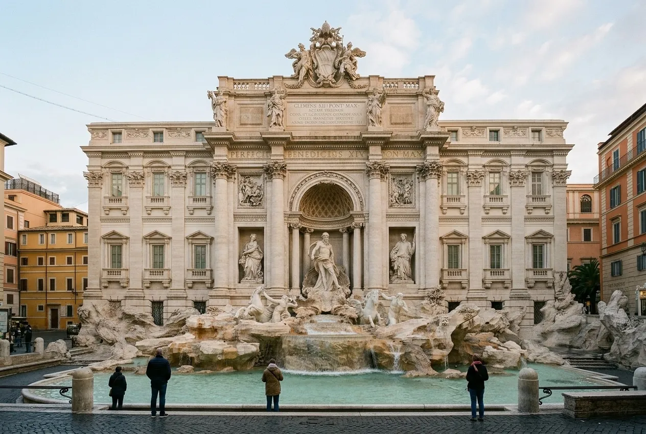 The Trevi Fountain in the first light of morning, the small piazza almost empty