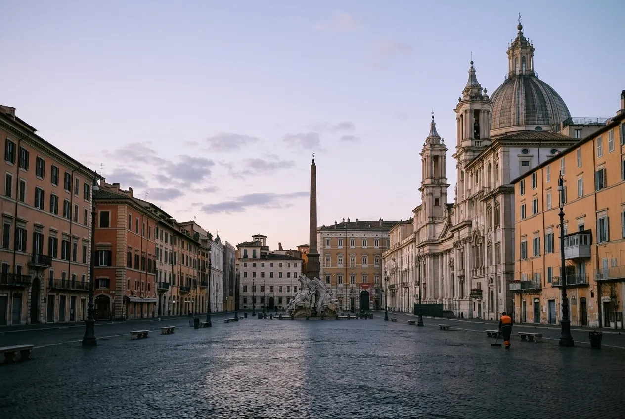 Piazza Navona at dawn, the Fountain of the Four Rivers and Sant'Agnese in Agone, the square empty