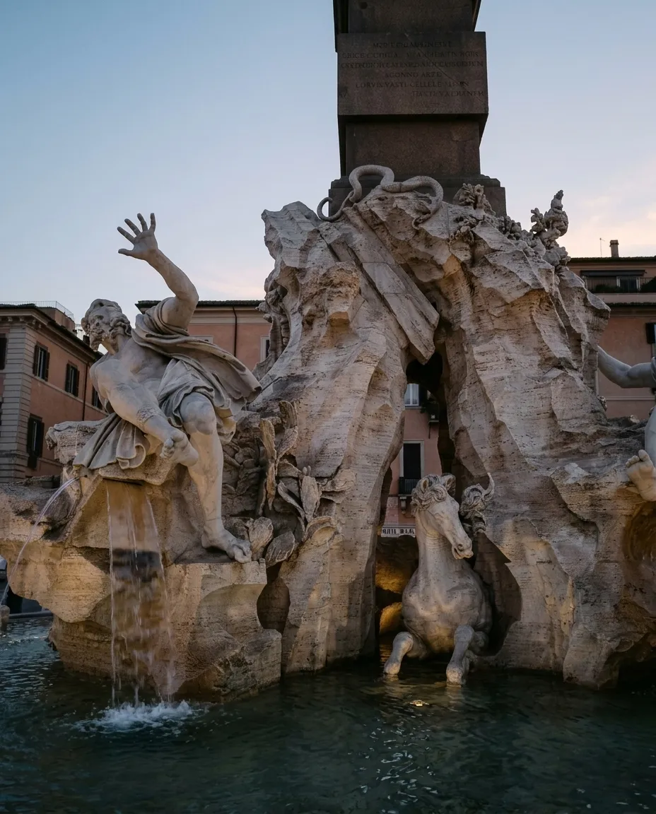 The statue of the Río de la Plata on the Fountain of the Four Rivers, one arm raised
