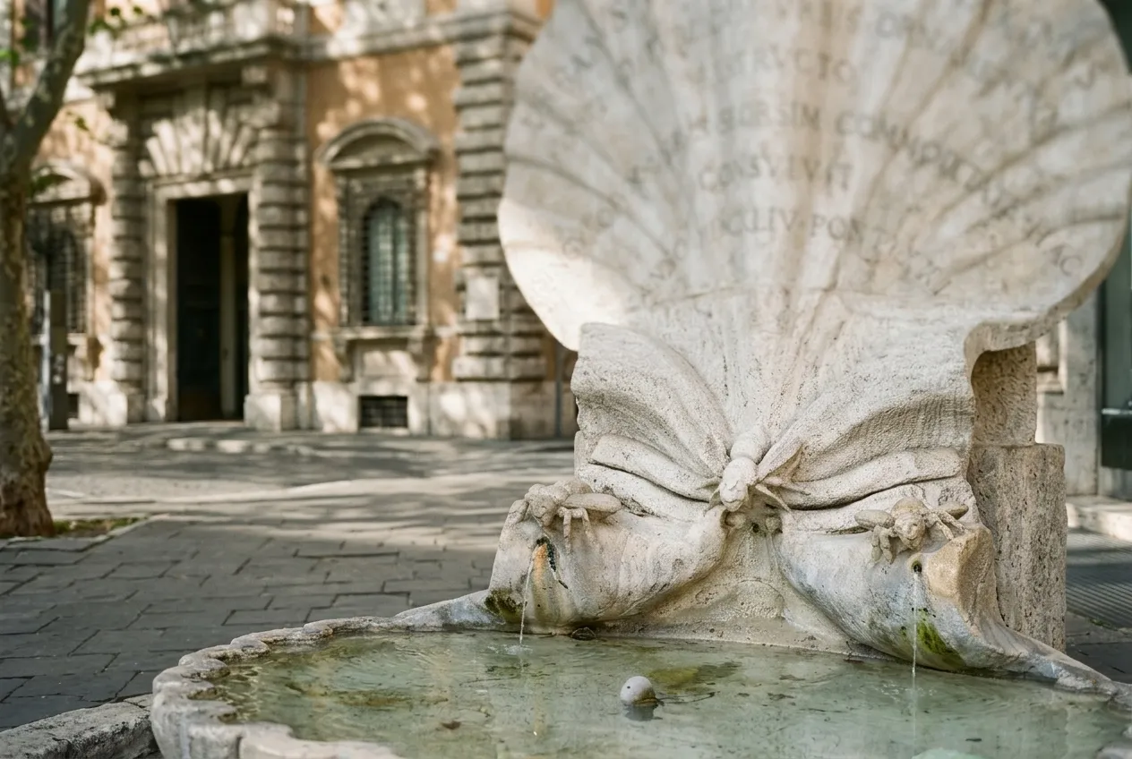 Bernini's Fountain of the Bees, a travertine shell at the corner of Via Veneto in morning light