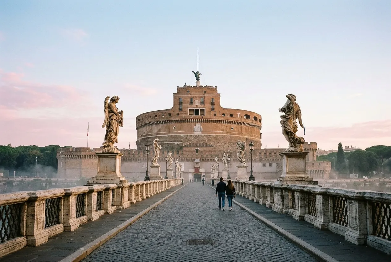 Castel Sant'Angelo seen from Ponte Sant'Angelo at dawn, the marble angels of the bridge in the foreground