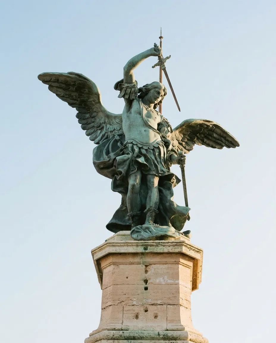 The bronze archangel Michael sheathing his sword on top of Castel Sant'Angelo