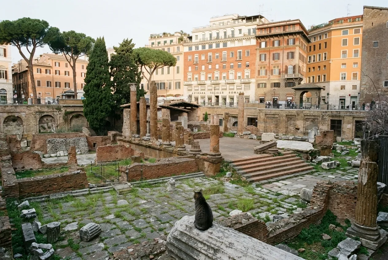The sunken sacred area of Largo di Torre Argentina in the morning, a cat sitting on an ancient column base