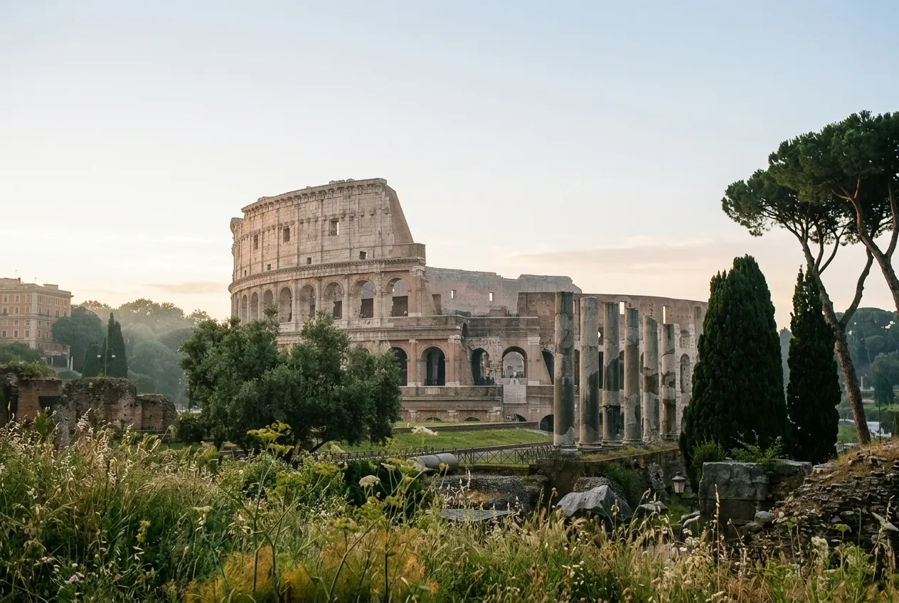 The Colosseum at dawn seen from the Forum side, wild grasses and flowers in the foreground