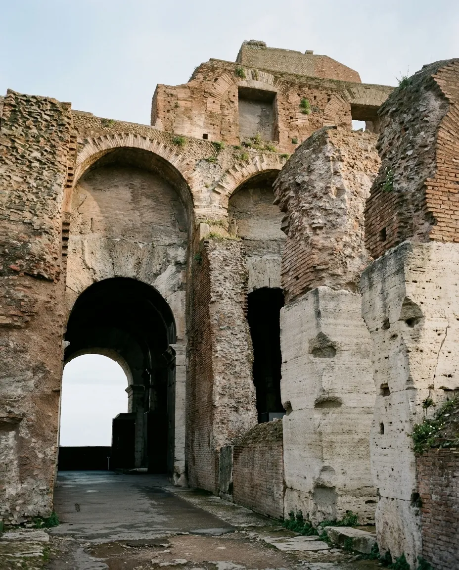 Caper plants and small wildflowers growing from the cracks between the travertine blocks of the Colosseum