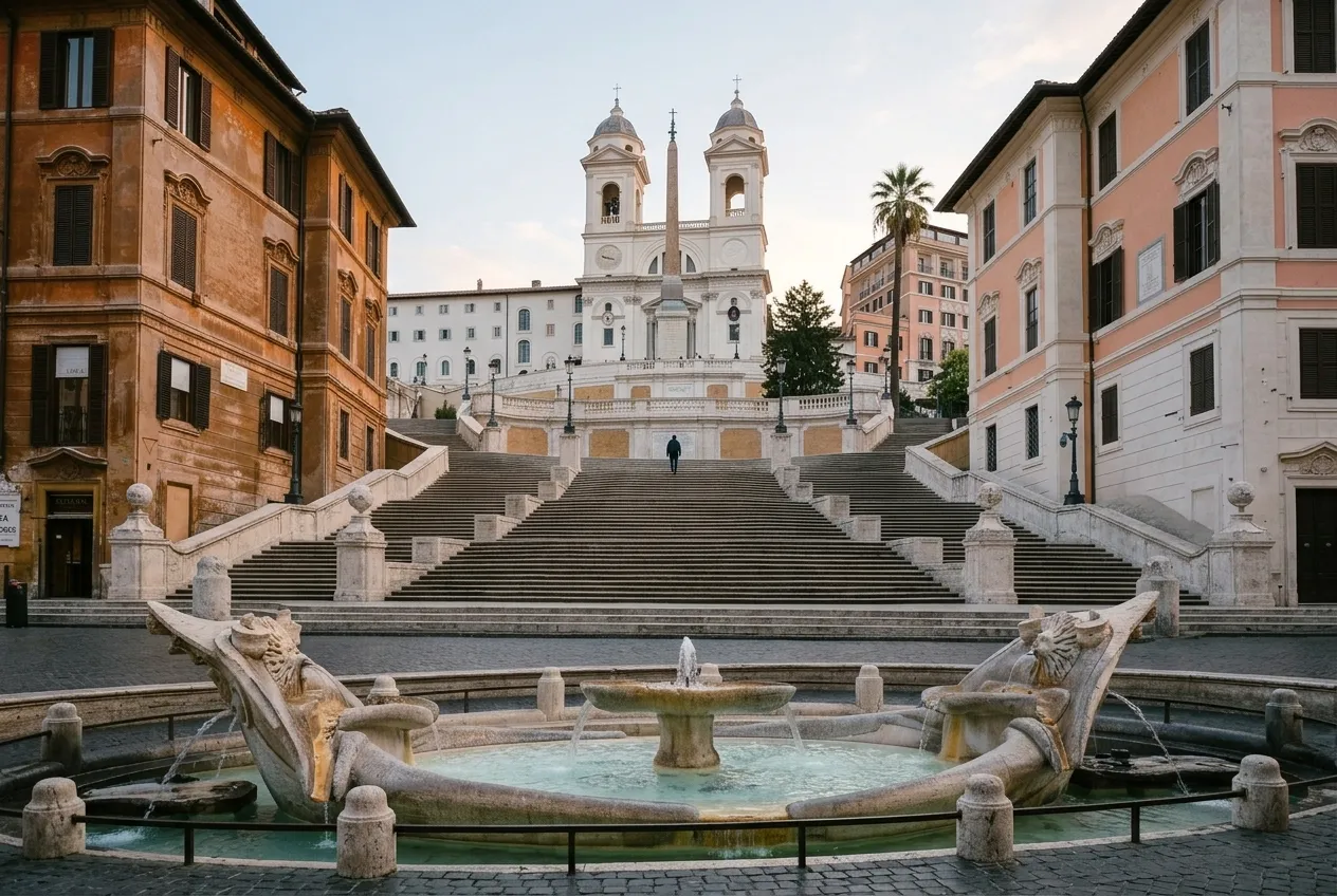 Piazza di Spagna at dawn, the Barcaccia fountain in the foreground and the empty Spanish Steps rising to Trinità dei Monti