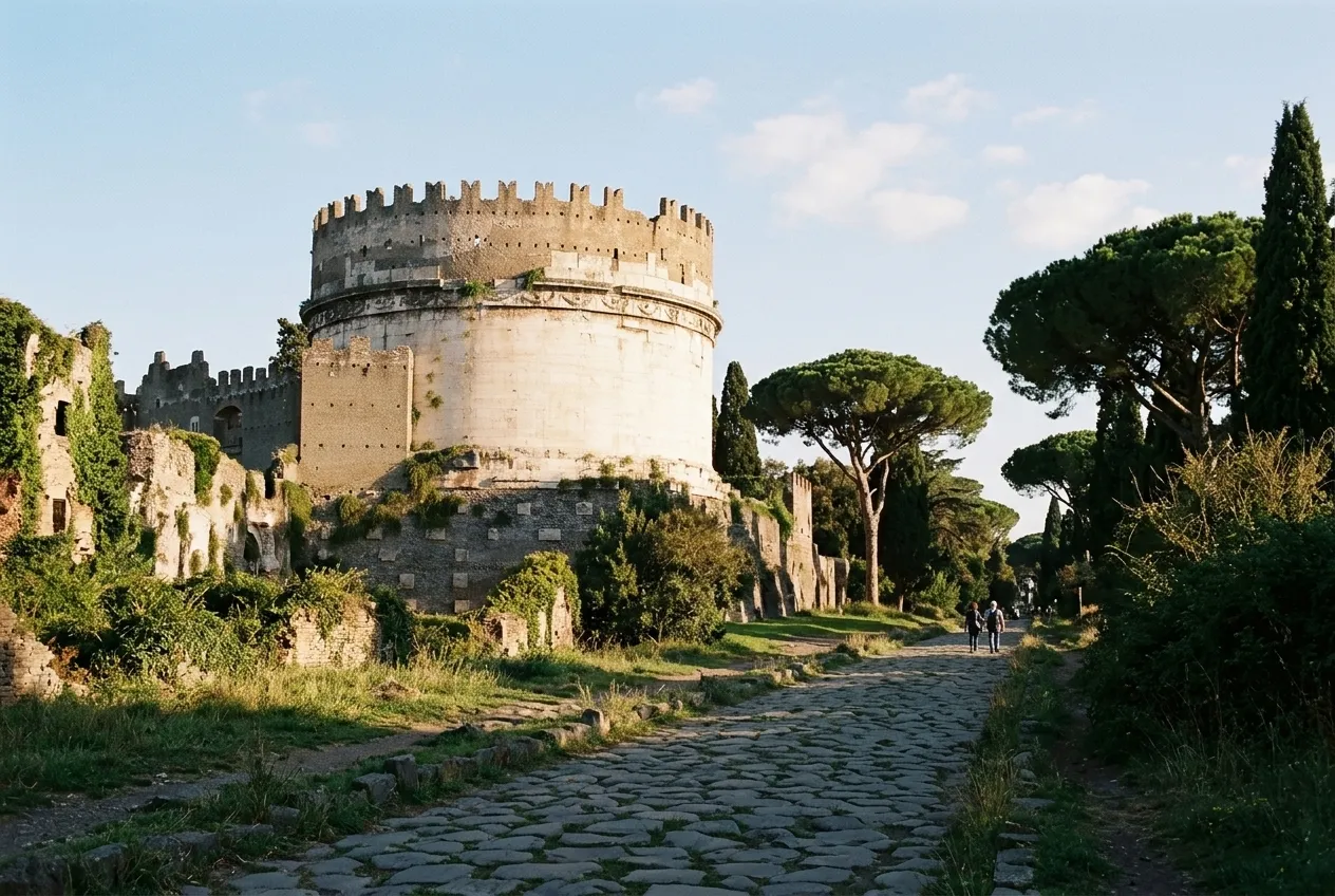 The Tomb of Cecilia Metella on the Appian Way in the late afternoon, umbrella pines and the ancient paving stones