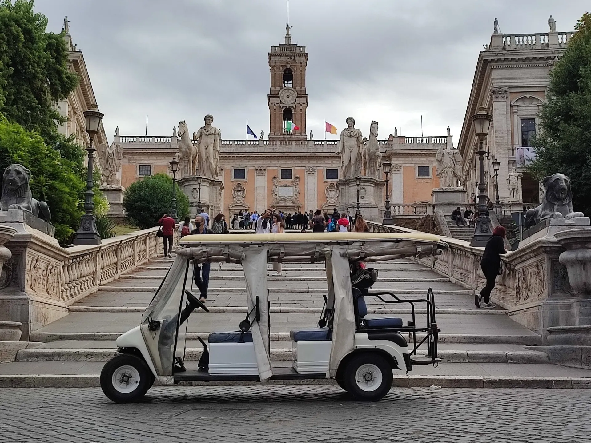 Our golf cart at the foot of the Cordonata steps up to the Capitoline Hill (real photo)